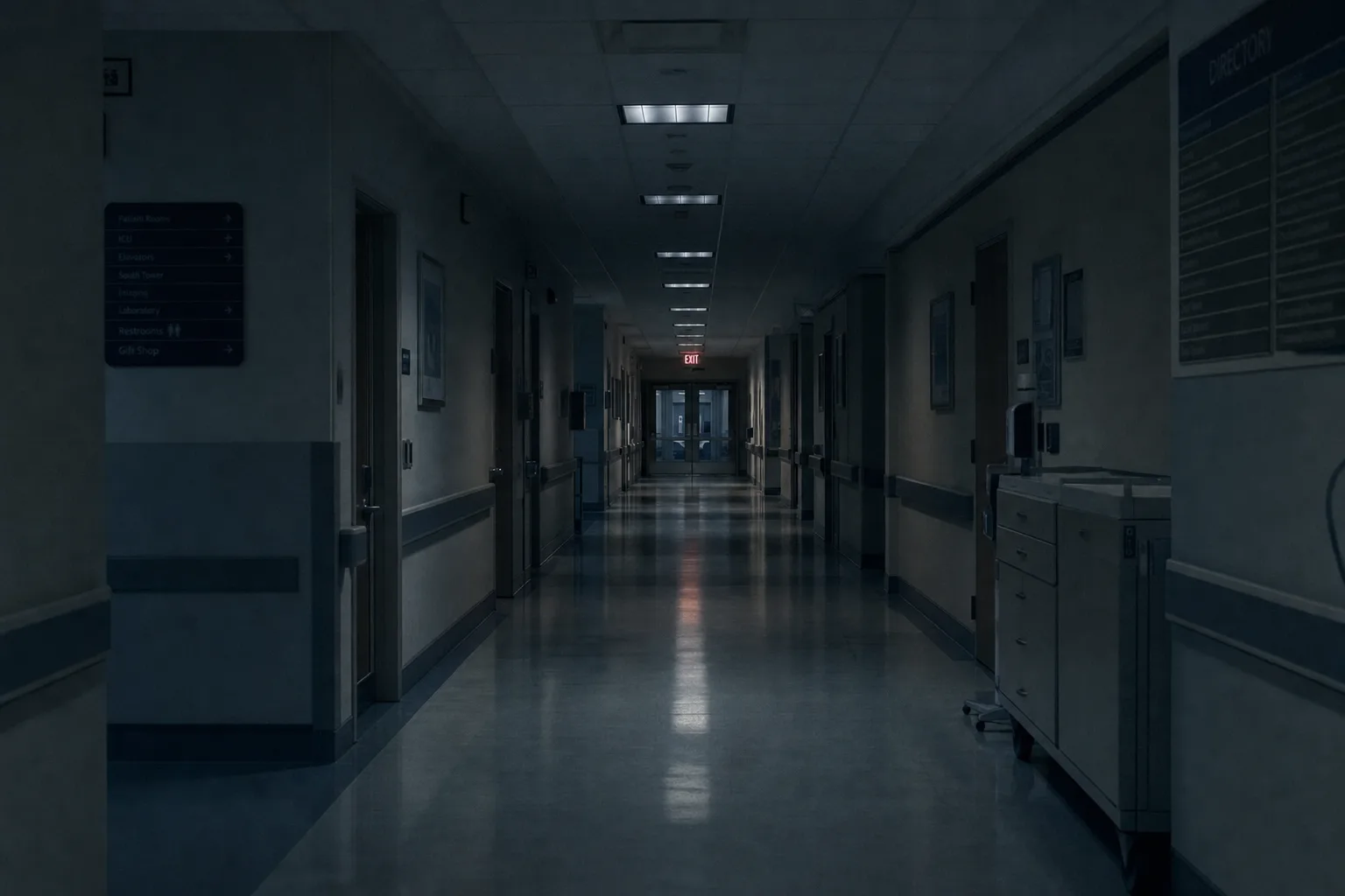 An empty hospital corridor at night