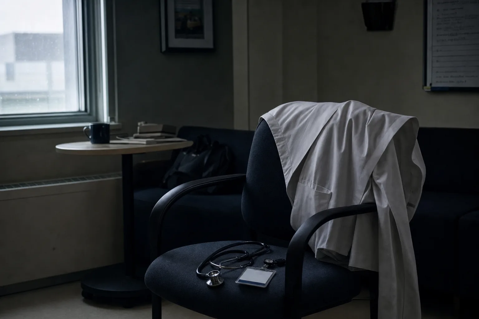 A white coat draped over an empty chair in a dim on-call room
